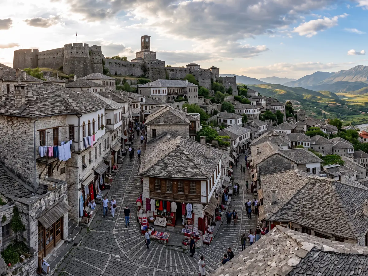 Gjirokastër: stone Ottoman houses stacked up the hillside beneath the castle.