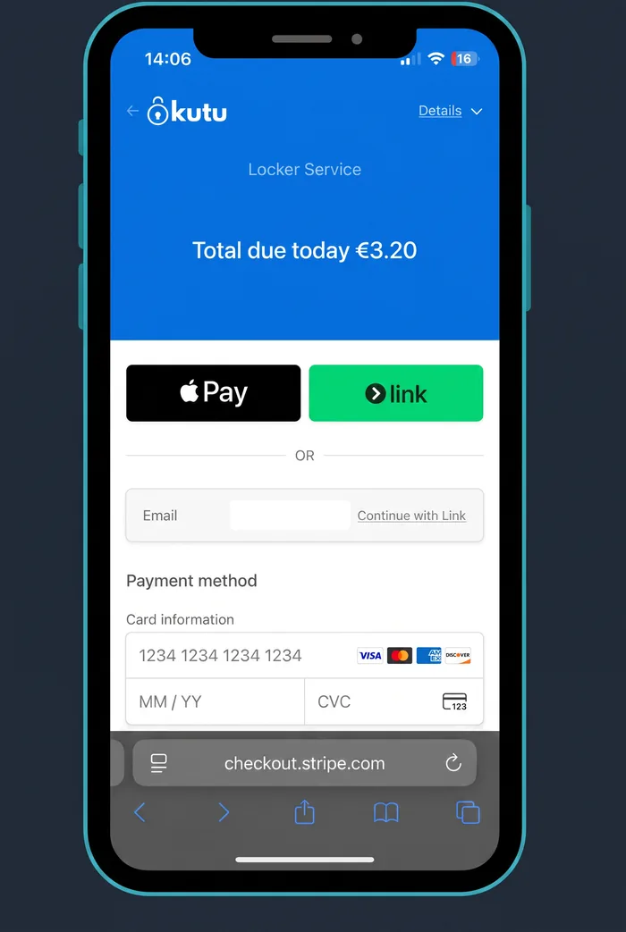 A phone showing the Stripe checkout: total due today €3.20, Apple Pay and card fields.